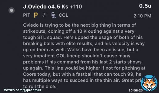 K Props /// 04.19   Oviedo o4.5  His stuff can K anyone, and Serven (44% K-rate vs RHP), McMahon (32%) & Moose (31%) offer 3 great targets   A lot of early games, but just 1 play for now. Let&rsquo;s cash a juicy +Money spot to start our day!&helllip;   #GamblingTwitter #PlayerProps
