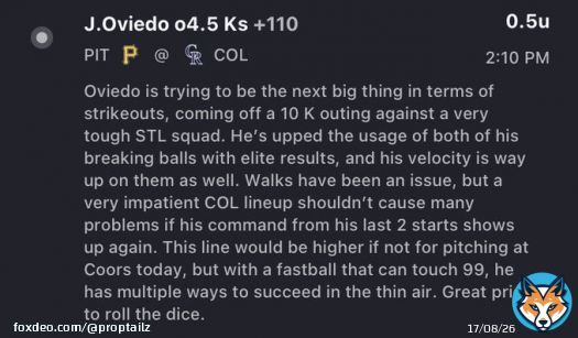 K Props /// 04.19   Oviedo o4.5  His stuff can K anyone, and Serven (44% K-rate vs RHP), McMahon (32%) & Moose (31%) offer 3 great targets   A lot of early games, but just 1 play for now. Let&rsquo;s cash a juicy +Money spot to start our day!&helllip;   #GamblingTwitter #PlayerProps