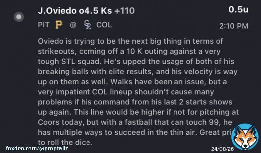K Props /// 04.19   Oviedo o4.5  His stuff can K anyone, and Serven (44% K-rate vs RHP), McMahon (32%) & Moose (31%) offer 3 great targets   A lot of early games, but just 1 play for now. Let&rsquo;s cash a juicy +Money spot to start our day!&helllip;   #GamblingTwitter #PlayerProps
