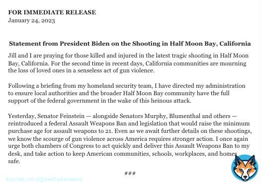 Another statement from @POTUS on mass shootings in just days, pushing for assault weapons ban.  #HalfMoonBay #MontereyPark