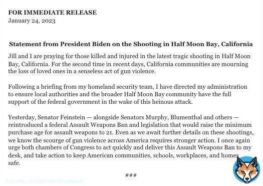 Another statement from @POTUS on mass shootings in just days, pushing for assault weapons ban.  #HalfMoonBay #MontereyPark