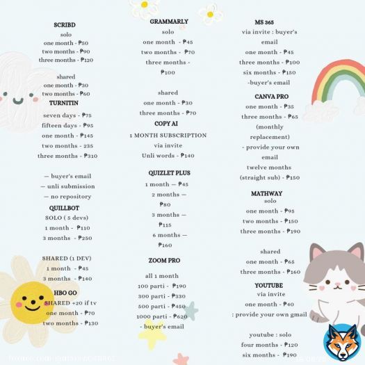 Grammarly, Zoom pro, Canva Quillbot, Turnitin, Ms 365, VSCO HBO go, Disney PH, Scribd, Wattpad Quizlet Plus, Mathway, Copy ai Youtube, Krisp, Amazon Prime  premium accs !