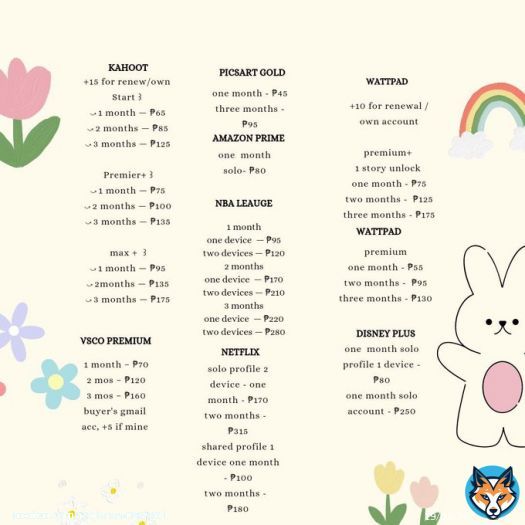.. zoom pro canva scribd  grammarly quillbot copy ai  mathway quizlet plus microsoft 365 turnitin amazon prime disney ph wattpad vsco picsart gold youtube HBO go netflix  premium accounts       mop: gcash
