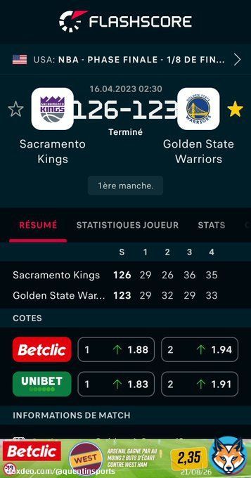 KINGS 1-0 WARRIORS  Sacramento Kings - Golden State Warriors 126:123 @FlashscoreFR #NBA #NBAextra #NBATwitterLive @beinsports_FR @TrashTalk_fr #NBAPlayoffs #PLAYOFFMODE  Plus d'infos: