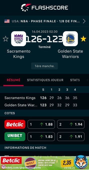 KINGS 1-0 WARRIORS  Sacramento Kings - Golden State Warriors 126:123 @FlashscoreFR #NBA #NBAextra #NBATwitterLive @beinsports_FR @TrashTalk_fr #NBAPlayoffs #PLAYOFFMODE  Plus d'infos: