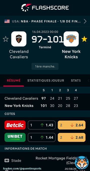 CAVALIERS 0-1 KNICKS  Cleveland Cavaliers - New York Knicks 97:101 @FlashscoreFR #NBA #NBAextra #NBATwitterLive @beinsports_FR @TrashTalk_fr #NBAPlayOff #PLAYOFFMODE  Plus d'infos: