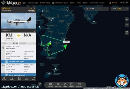 MULTI FR24 CIRCLING ALERT : At time Tue Sep 20 03:39:44 2022 #JA79MK was likely to be circling at FL29 11nm from MZE Miyazaki_VOR-DME_JP  near 宮崎市, 宮崎県, 880-8505, 日本 #AvGeek #ADSB