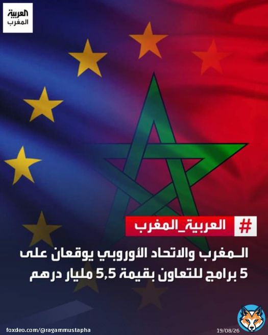 وقع المغرب والاتحاد الأوروبي، اليوم الخميس بالرباط، على خمسة برامج للتعاون تبلغ قيمتها الإجمالية 5,5 مليار درهم، لدعم أوراش الإصلاح الكبرى بالمملكة؛ تهم أساسا الحماية الاجتماعية، التحول الأخضر، الإدارة العمومية، وتشغيل الشباب، إضافة إلى دعم تدبير الهجرة والتنقل.  #العربية_المغرب