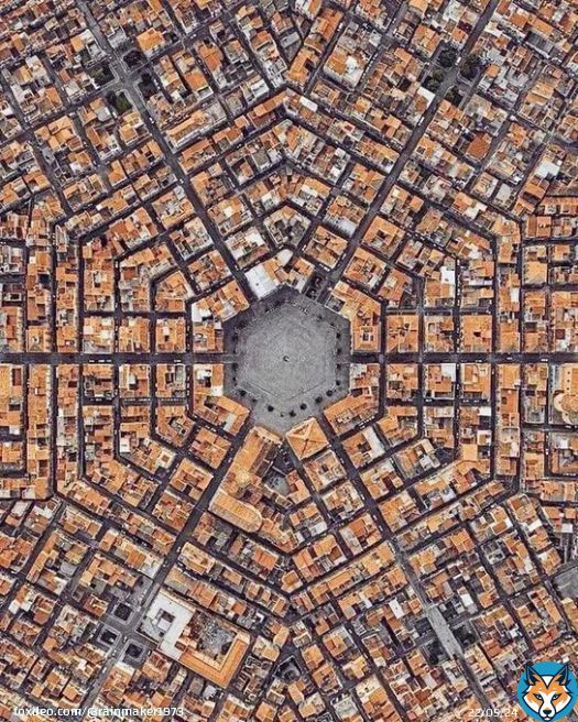 Located in the province of Catania, in the Italian island of Sicily, is the town of Grammichele. It is one of the few towns in the world to have this unique hexagonal layout   [read more: