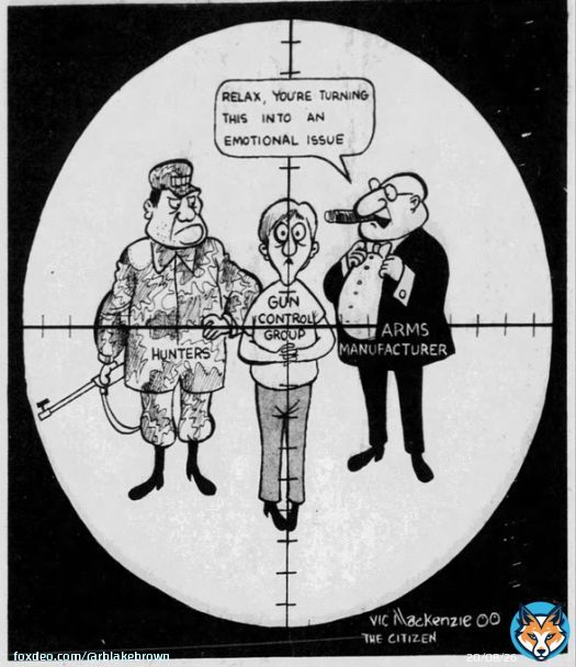 A tactic long used to dismiss gun control advocates (particularly women) is that they are being 'emotional.' In 1977 the Ottawa Citizen highlighted this tactic with this political cartoon. #cdnpoli @NAWL_ANFD