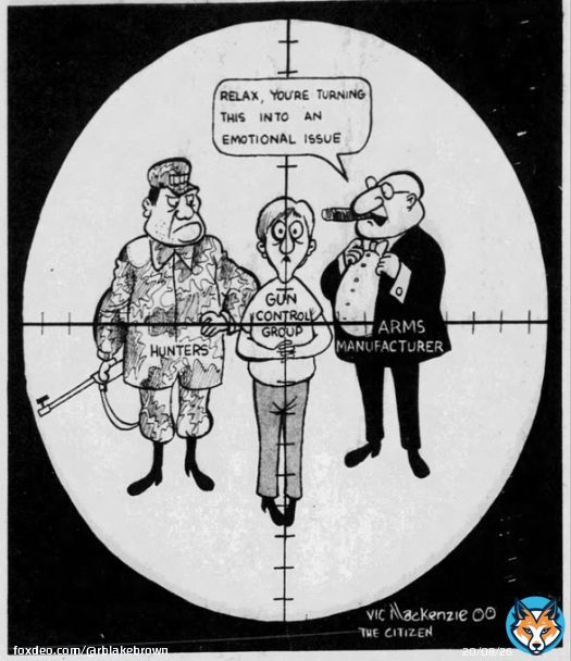 A tactic long used to dismiss gun control advocates (particularly women) is that they are being 'emotional.' In 1977 the Ottawa Citizen highlighted this tactic with this political cartoon. #cdnpoli @NAWL_ANFD