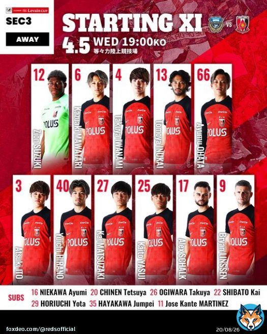 川崎戦 スターティングメンバー  4/5(水) 19:00 等々力  #urawareds #浦和レッズ #WeareREDS #Jリーグ #ルヴァンカップ