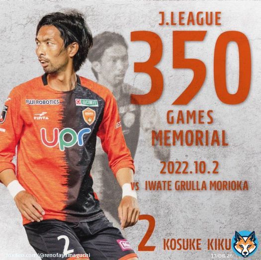 本日のいわてグルージャ盛岡戦で、2. #菊地光将 選手がJリーグ通算350試合出場となりました！！  #レノファ #renofa