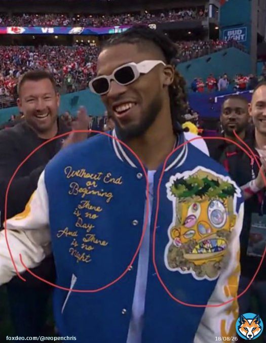 The weirdness of the Damar Hamlin saga continues. What the hell is on his jacket and what does that mean &ldquo;Without end or beginning there is no day or night&rdquo;?  Why were his medical team giving satanic hand gestures?   #SuperBowlLVII