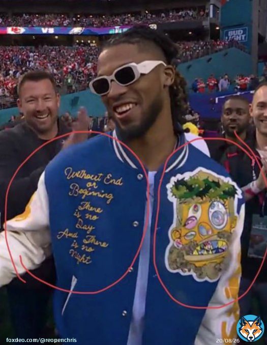 The weirdness of the Damar Hamlin saga continues. What the hell is on his jacket and what does that mean &ldquo;Without end or beginning there is no day or night&rdquo;?  Why were his medical team giving satanic hand gestures?   #SuperBowlLVII