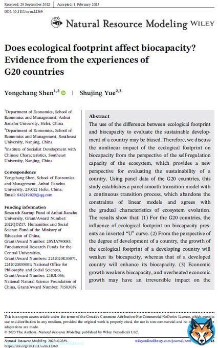 [New NRM Paper] 'Does ecological footprint affect biocapacity? Evidence from the experiences of G20 countries' by Shen and Yue (2023)    #biocapacity, #ecological #footprint, panel smooth transition regression