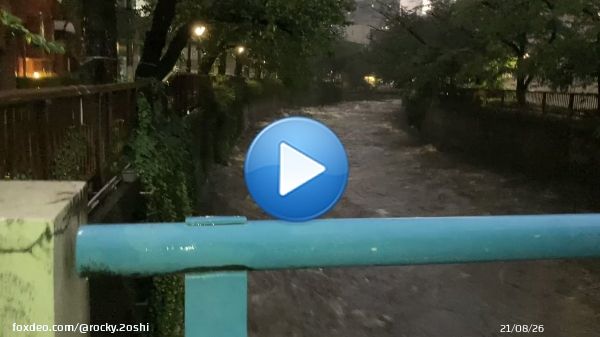 17時55分現在 目黒川　氾濫危険情報 橋に触れる勢いで水位が上昇しています  ※安全な場所から撮影しています  #目黒川 #氾濫危険水位 #台風15号
