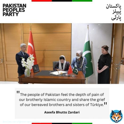 Bibi @AseefaBZ visited the Consulate General of T&uuml;rkiye in Karachi today and offered condolences to Consul General Mr. Cemal Sangu over the deaths of thousands of people in the devastating earthquakes in first week of February.