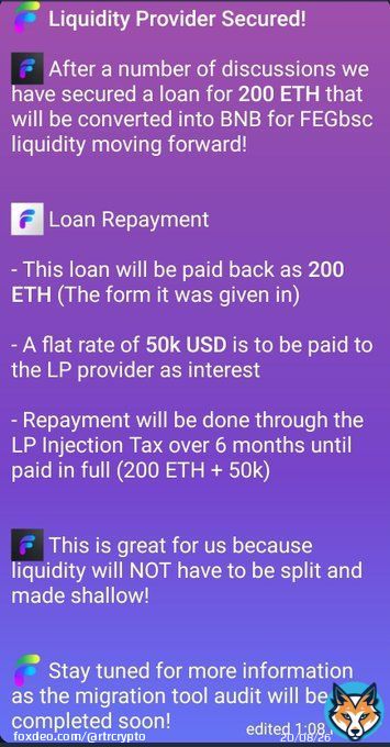 Liquidity Provider Secured!  After several discussions, we have secured a loan for 200ETH to be converted into BNB for FEGbsc liquidity!  @FEGtoken #FEGtoken #FEG $FEG #DeFi #Crypto #Cryptocurrency #Bitcoin    #BTC    #Ethereum #ETH #Binance    #BSC #SHIB #NFTs #NFT