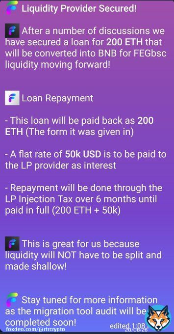 Liquidity Provider Secured!  After several discussions, we have secured a loan for 200ETH to be converted into BNB for FEGbsc liquidity!  @FEGtoken #FEGtoken #FEG $FEG #DeFi #Crypto #Cryptocurrency #Bitcoin    #BTC    #Ethereum #ETH #Binance    #BSC #SHIB #NFTs #NFT