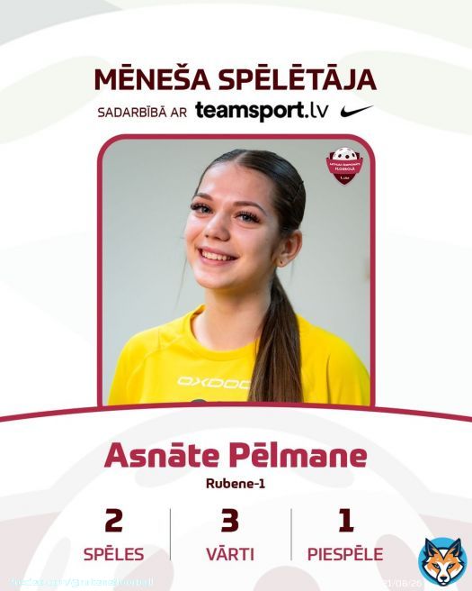 Par  novembra mēneša spēlētāju Latvijas čempionāta 1. līgā sievietēm atzīta 'Rubene-1' florboliste Asnāte Pēlmane. #florbols #floorball