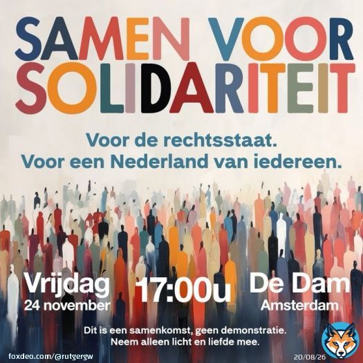 Vrijdag 17 uur op de Dam: Samen voor Solidariteit! Een brede maatschappelijke coalitie verenigt zich. Voor de rechtsstaat. Voor een Nederland van iedereen. Neem alleen een lichtje of kaars, liefde en zoveel mogelijk anderen mee. Wij zijn erbij, jij ook?