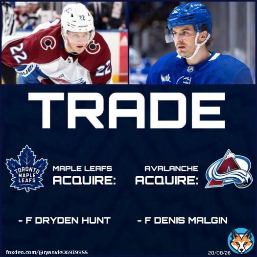 The Leafs have acquired forward Dryden Hunt from the Avalanche in exchange for forward Denis Malgin.  #mapleleafs #mapleleafshockey #mapleleafsnews #nhlhockey #leafsnation #leafsforever #leafsdaily