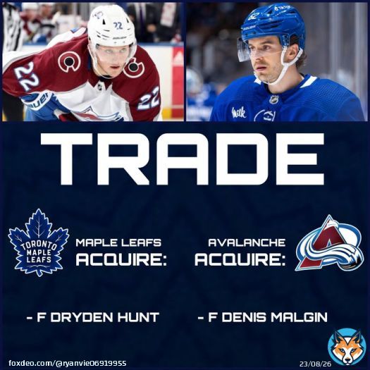 The Leafs have acquired forward Dryden Hunt from the Avalanche in exchange for forward Denis Malgin.  #mapleleafs #mapleleafshockey #mapleleafsnews #nhlhockey #leafsnation #leafsforever #leafsdaily