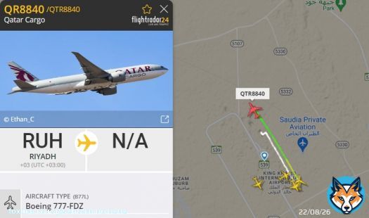 恐らくサウジカップTEAMJAPANの帰国組  ソングライン レシステンシア エヒト シルヴァーソニック エコロアレス フロムダスク ジャスティン リュウノユキナ カフェファラオ  が乗っていると思われる便(カタールカーゴ QR8840)が、リヤド/キング・ハーリド国際空港を出発