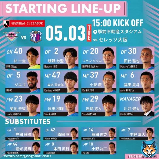 \ud83d\udd25スタメン発表 \ud83d\udd25  明治安田生命J1リーグ第11節 #サガン鳥栖  \ud83c\udd9a #セレッソ大阪  GK #朴一圭 DF #飯野七聖 #ファンソッコ #田代雅也 #ジエゴ MF #森谷賢太郎 #小泉慶 #福田晃斗 FW #菊地泰智 #垣田裕暉 #岩崎悠人  #sagantosu #道 #DreamRoad #Jリーグ #Jleague