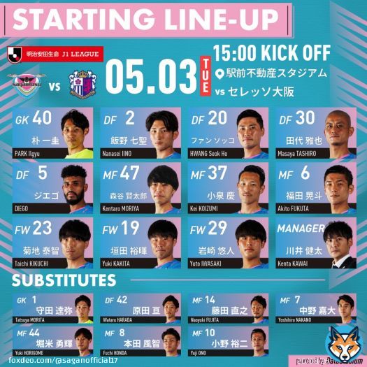 \ud83d\udd25スタメン発表 \ud83d\udd25  明治安田生命J1リーグ第11節 #サガン鳥栖  \ud83c\udd9a #セレッソ大阪  GK #朴一圭 DF #飯野七聖 #ファンソッコ #田代雅也 #ジエゴ MF #森谷賢太郎 #小泉慶 #福田晃斗 FW #菊地泰智 #垣田裕暉 #岩崎悠人  #sagantosu #道 #DreamRoad #Jリーグ #Jleague