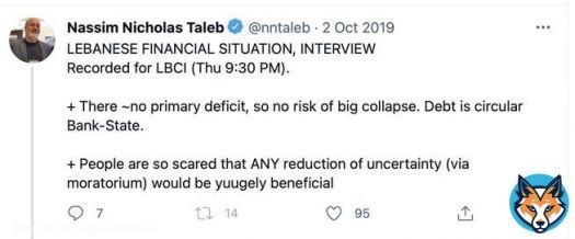 3 years since Lebanon&rsquo;s &ldquo;risk expert&rdquo; con artist assured his countrymen they should keep using the banking system his friends in government have pillaged, whose lira is now down 95% & avoid bitcoin, which is up 130% vs the dollar & operating nonstop worldwide.