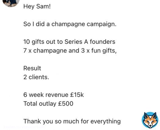 I get a message about once / day saying the outbound champagne campaign we ran at Brex, or a variation I suggest to the founder or sales leader, is the best performing demand gen campaign the company has ever tried. A couple examples attached.  Comment below with a 1 sentence&hellip;&nbsp;Show more
