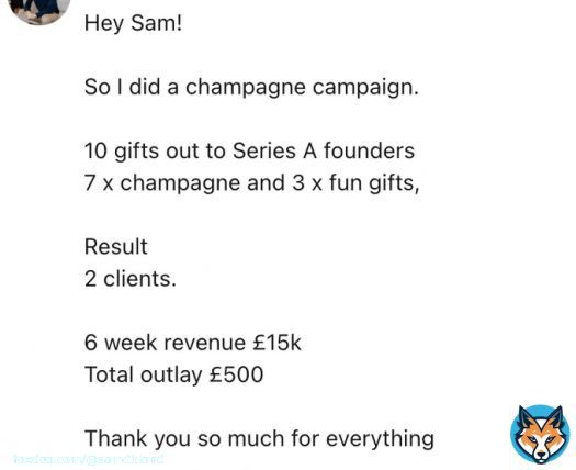 I get a message about once / day saying the outbound champagne campaign we ran at Brex, or a variation I suggest to the founder or sales leader, is the best performing demand gen campaign the company has ever tried. A couple examples attached.  Comment below with a 1 sentence&hellip;&nbsp;Show more