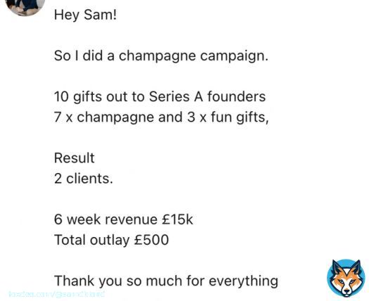 I get a message about once / day saying the outbound champagne campaign we ran at Brex, or a variation I suggest to the founder or sales leader, is the best performing demand gen campaign the company has ever tried. A couple examples attached.  Comment below with a 1 sentence&hellip;&nbsp;Show more