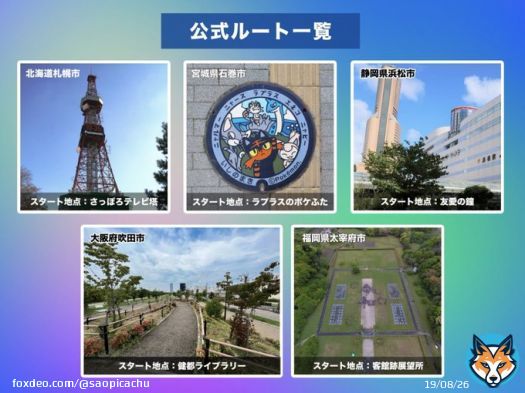 公式ルート一覧  日本各地の自治体が『ポケモンGO』をプレイするのに おすすめの場所を選定したルートになります  ・北海道札幌市 ・宮城県石巻市 ・静岡県浜松市 ・大阪府吹田市 ・福岡県太宰府市  お近くの方はぜひ訪れてみてください ルート機能については今日の動画で解説しています！