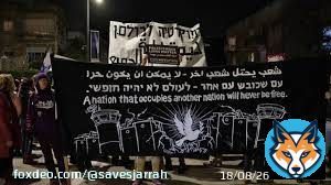 A black sign depicts the separation barrier, guard towers and barbed wire that contain the West Bank; in the middle, a dove bearing an olive branch. &ldquo;A nation that occupies another nation will never be free,&rdquo; says the sign in Arabic, Hebrew and English. #IsraeliApartheid