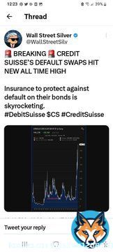 速報  世界最大級の銀行のもうひとつ、スイスのクレディ&bull;スイス銀行、デフォルト&bull;スワップが過去最高に  債務不履行に備える保険が急増中  (そんな保険あっても、もう形だけでお金はないでしょうにぃ〜)