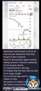 クレディ&bull;スイスに注目  火曜日最安値を更新後、プラスへもち直す。今再び下降し、売りが買いより買いより大幅に上回っている。  2.4付近を割ると、大きなトラブルとなる。もう時間の問題で、来週が始まる前に救済措置が必要。その後、ヨーロッパで大混乱が起こる。