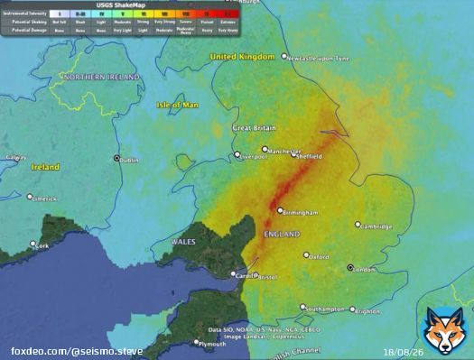 To give you an idea of the sheer scale of the Turkey earthquake, if we overlay the USGS ShakeMap onto the British Isles, the fault (red colours) would have ruptured from the Severn Estuary to the Humber Estuary. Much of England would have seen at least Intensity Level 7 shaking.