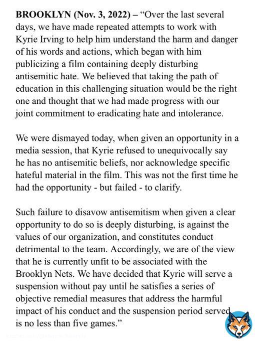 Nets statement on Kyrie Irving: &ldquo;We are of the view that he is currently unfit to be associated with the Brooklyn Nets. We have decided that Kyrie will serve a suspension without pay until he satisfies a series of objective remedial measures&hellip;&rdquo;