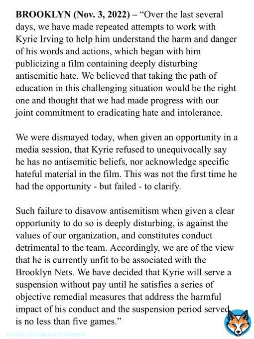 Nets statement on Kyrie Irving: &ldquo;We are of the view that he is currently unfit to be associated with the Brooklyn Nets. We have decided that Kyrie will serve a suspension without pay until he satisfies a series of objective remedial measures&hellip;&rdquo;