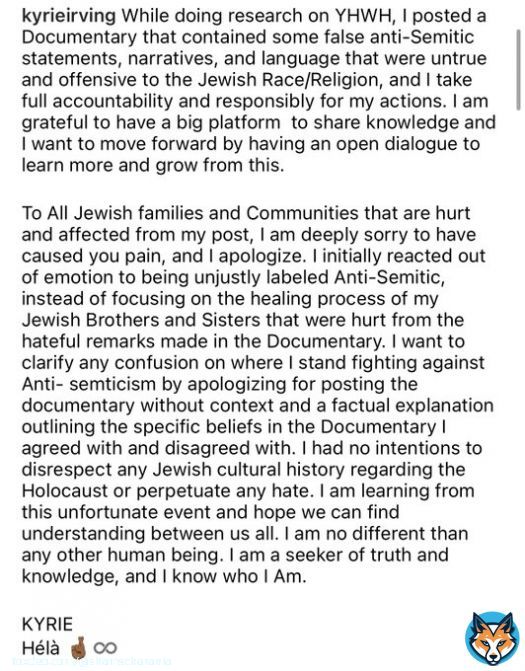 Kyrie Irving statement: &ldquo;To All Jewish families and Communities that are hurt and affected from my post, I am deeply sorry to have caused you pain, and I apologize.&rdquo;