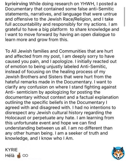 Kyrie Irving statement: &ldquo;To All Jewish families and Communities that are hurt and affected from my post, I am deeply sorry to have caused you pain, and I apologize.&rdquo;