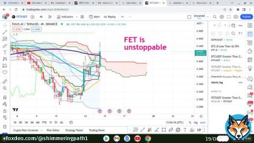 $FET looks unstoppable !  beautiful rise on the 4hr chart . If we close over that dark blue 200 MA the next resistance is .48 cents but this looks strong  Go  #FET good #CPI numbers are helping the whole market