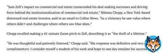 Costar: Billionaire Real Estate Investor Sam Zell Remembered for Revolutionizing His&nbsp;Industry.   Thank you @twilbert for including my comments on the passing of Sam Zell.