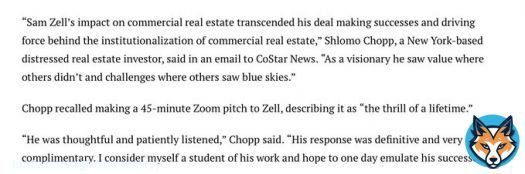 Costar: Billionaire Real Estate Investor Sam Zell Remembered for Revolutionizing His&nbsp;Industry.   Thank you @twilbert for including my comments on the passing of Sam Zell.