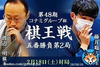 #藤井聡太 竜王の勝利  【第48期 #棋王戦 コナミグループ杯五番勝負第2局】  \u25cf渡辺明棋王 VS \u25cb藤井聡太竜王  第48期棋王戦コナミグループ杯五番勝負第2局が2月18日(土)に石川県金沢市の「北國新聞会館」にて行われ、藤井竜王が132手で渡辺棋王に勝ち、2勝0敗としました。