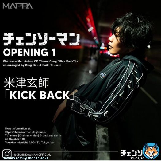 Chainsawman anime OP 'KICK BACK' will be included in today's 1st Episode   The song is co-arranged by King Gnu and Daiki Tsuneta #Chainsawman