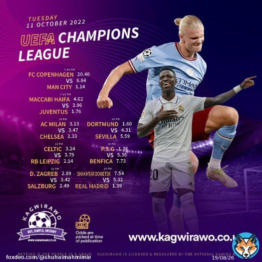 You can win lots of money tonight once you bet with @Kagwirawo on the UEFA champions league matches.   FC Copenhagen Vs ManCity Maccabi Haifa Vs Juventus Ac Milan Vs Chelsea Shakitar Vs Real Madrid  Tap  to place bets on our website #KagwirawoUpdates